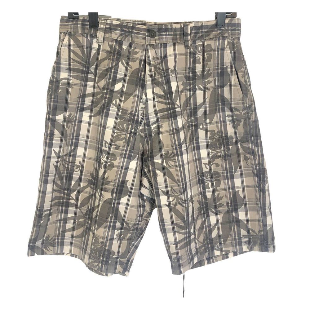 Burnside‎ Men's Shorts Plaid Tropical Print Gray Tan Plaid Size 30